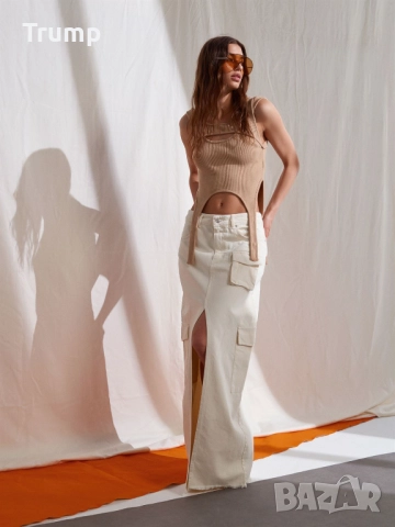 Дълга пола с карго джоб в нежно Екрю, снимка 3 - Поли - 51529521