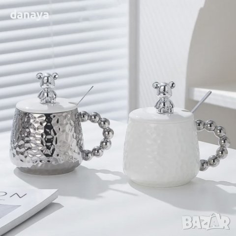 4330 Луксозна керамична чаша с капаче мече и лъжичка, снимка 3 - Чаши - 43543395