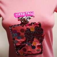 Розова дамска тениска с въртящи се пайети във форма на шише, снимка 5 - Тениски - 32841018