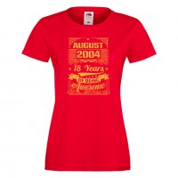 Дамска Тениска AUGUST 2004 18 YEARS BEING AWESOME Подарък,Ианенада,Празмик , снимка 5 - Тениски - 37080391