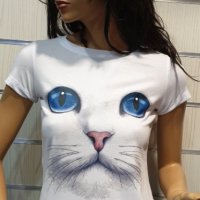 Страхотна нова дамска тениска с 3D принт котка със сини очи, снимка 3 - Тениски - 28344647