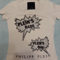PHILIPP PLEIN бяла тениска маркова оригинална с надписи и камъни, много хубава стегната лукс материя, снимка 2 - Тениски - 37476757