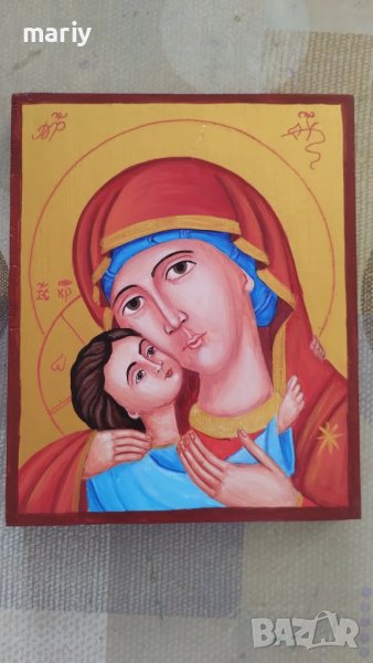 Ръчно рисувана икона – Св. Богородица с Младенеца (дърво, златен фон), снимка 1