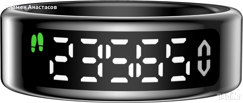 Смарт пръстен с LED дисплей – фитнес и здравен тракер, пулс, SpO₂, сън, IP68, черен (размер 12), снимка 1