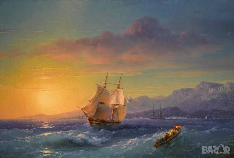 Айвазовски, ”Кораб по залез край нос Мартин”, морски пейзаж, картина, снимка 1