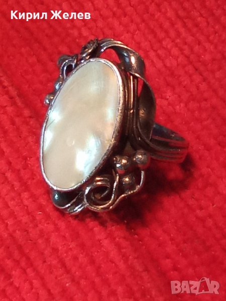 СТАРИНЕН АР НУВО СРЕБЪРЕН ВИСОКА ПРОБА ПРЪСТЕН с ШЛИФОВАН БЯЛ ИВИЧЕСТ АХАТ и ПЕЧАТ на БИЖУТЕРА 34441, снимка 1