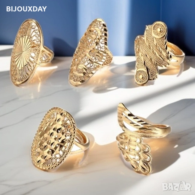 комплект 5 броя дубайски пръстени от медицинска стомана с 18 карата златно покритие, снимка 1