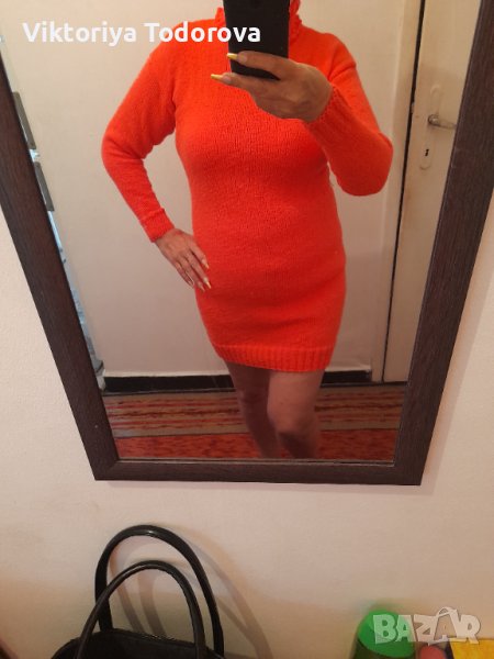 Неон корал рокля-ръчно плетиво -ТОЗИ МЕСЕЦ, снимка 1