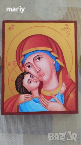 Ръчно рисувана икона – Св. Богородица с Младенеца (дърво, златен фон), снимка 1