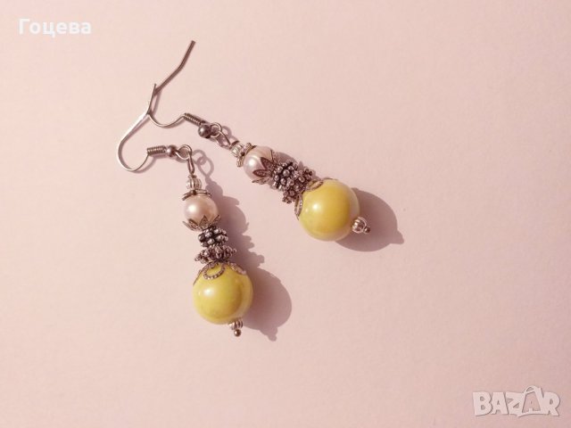 Красиви Барокови обеци с естествена бяла перла и жълти перли с орнаменти в цвят Сребро , снимка 5 - Обеци - 27636195