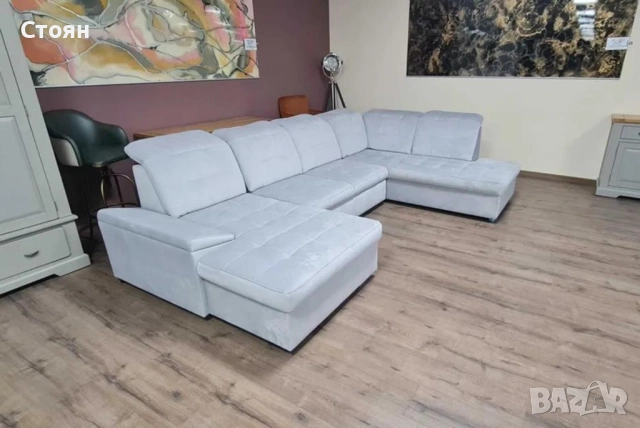 Сиво син П образен ъглов диван от плат Nigrum с функция сън, снимка 3 - Дивани и мека мебел - 52125490