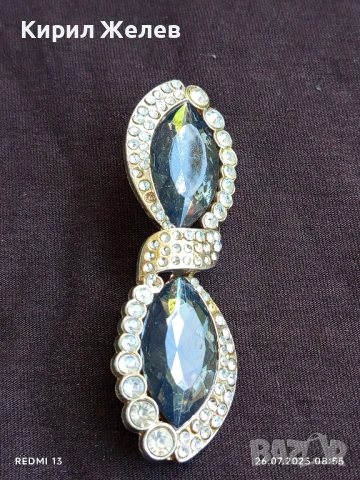 Ретро брошка тип папионка с сребристи кристали и зелени полу скъпоценни камъни 38846, снимка 9 - Антикварни и старинни предмети - 51145823