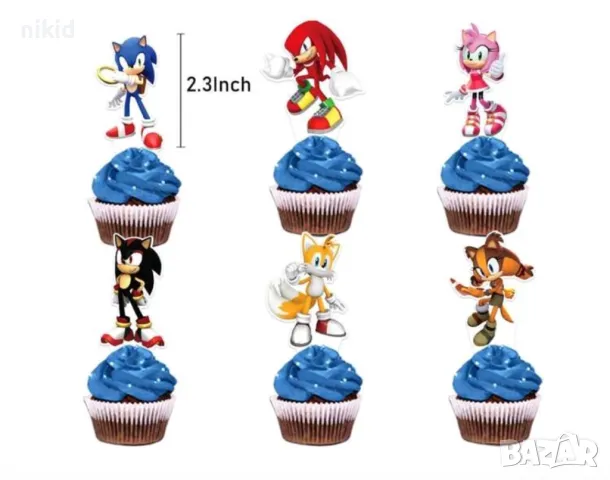 12 бр Соник Sonic къси остри картонени топери за торта мъфини кексчета парти рожден