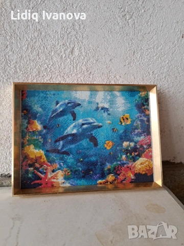 Диамантен гоблен делфини-готов и рамкиран, снимка 4 - Гоблени - 50711730