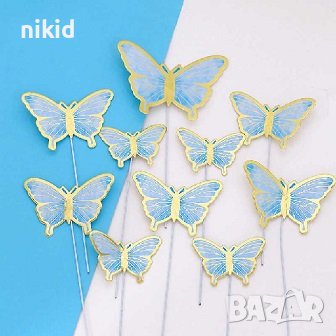 10 пеперуди картонени златен контур на тел шарени топери украса декор за торта, снимка 4 - Други - 40388341