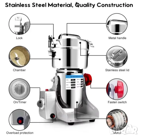 Индустриална Мелница Високомощна Мелачка Машина за Ултра Фино Смилане Голям Капацитет 800грама 3000W, снимка 7 - Други машини и части - 47422107