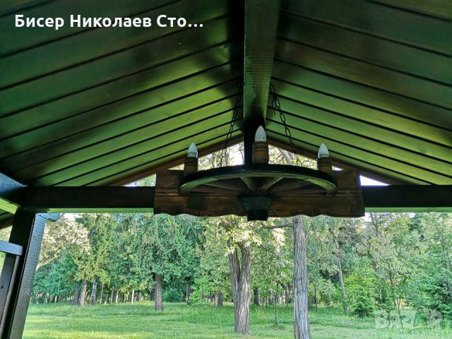 Етно стенна лампа-аплик от колело на каруца с ръчно изработени дървени чашки!, снимка 15 - Лампи за стена - 9066252