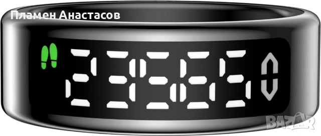 Смарт пръстен с LED дисплей – фитнес и здравен тракер, пулс, SpO₂, сън, IP68, черен (размер 12)