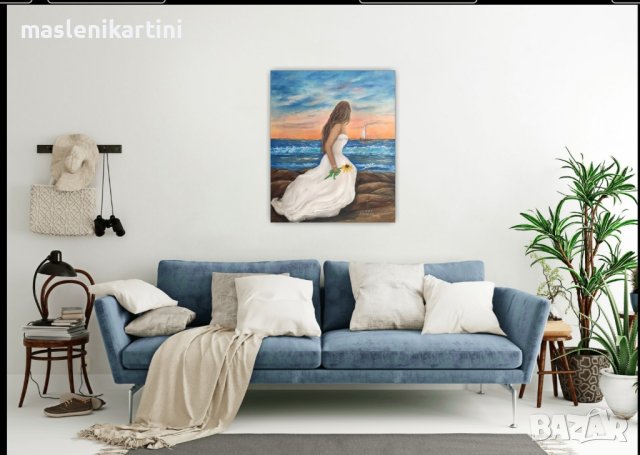 Море и жена маслена картина , снимка 3 - Картини - 36210237