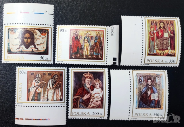 Полша, 1989 г. - лот марки на теми коне, кучета, икони, религия, изкуство, снимка 3 - Филателия - 53419453