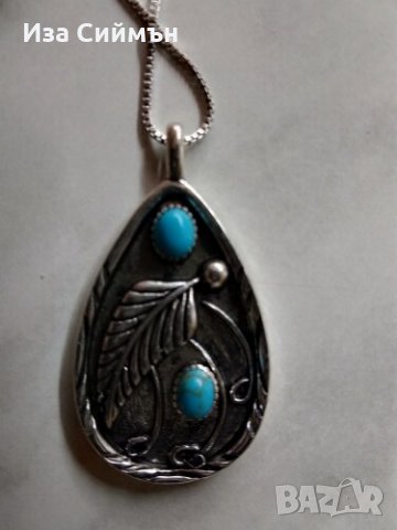 Сребърна верижка с медальон и тюркоази, снимка 3 - Колиета, медальони, синджири - 35363722
