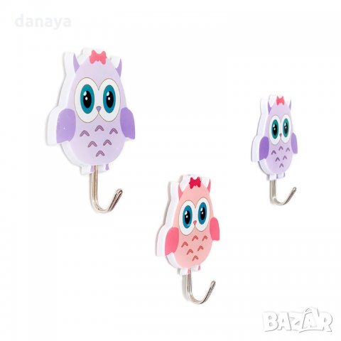 1856 Комплект самозалепващи закачалки Бухалчета, 3 броя, снимка 2 - Закачалки - 32732339