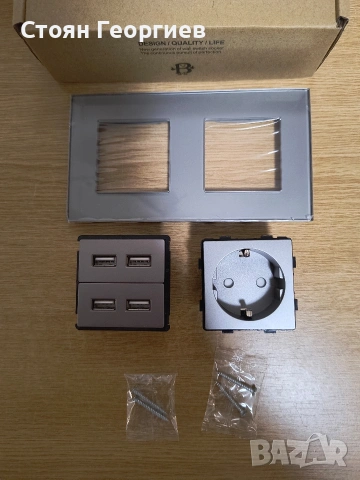 CNBINGO Стъклен вграден единичен Schuko контакт с 4 USB порта 2.4A със стъклена рамка, сив , снимка 2 - Друга електроника - 53420173