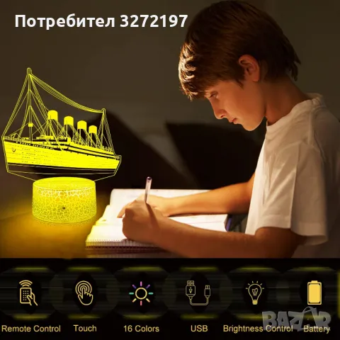 Холограмна 3D LED лампа Титаник-дистанционно управление 16 цвята+други режими на управление, снимка 5 - Настолни лампи - 49468159