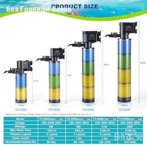 Нов Вътрешен аквариумен филтър 330л/ч, 2-степенен, 30–80L, Weipro, снимка 4 - Оборудване за аквариуми - 51486442