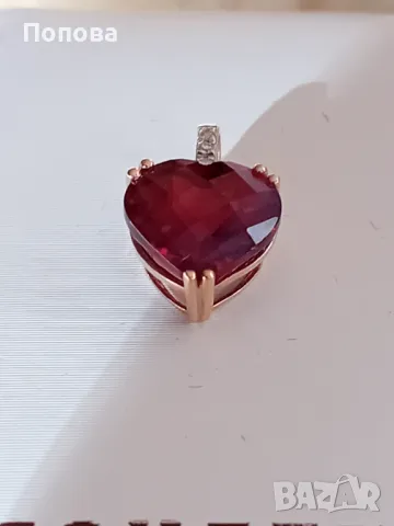 Златен медальон с диаманти и сърце от гранат/розово злато/, снимка 2 - Колиета, медальони, синджири - 48405308