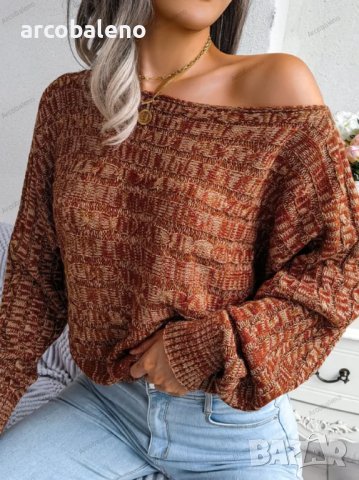 Дамски цветен плетен пуловер с дълъг ръкав и отворени рамена, 3цвята - 023, снимка 9 - Блузи с дълъг ръкав и пуловери - 39783629