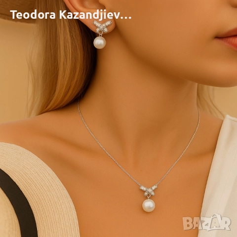 Комплект колие и обеци с перли и панделки, снимка 2 - Бижутерийни комплекти - 51450424