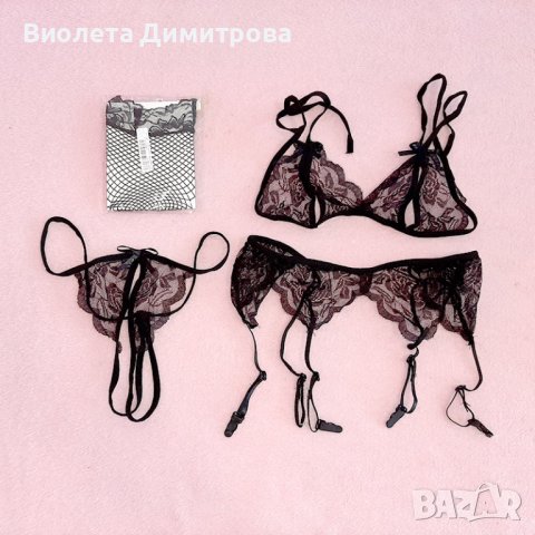 B1474 - Дамски сет от 4 части с дълги чорапи и отворено дъно, еротично бельо, снимка 5 - Бельо - 37949487