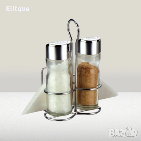 Комплект оливерник Bohmann, за сол и пипер, поставка с място за салфетки, Стъкло, неръждаема стомана, снимка 5 - Други - 52889015