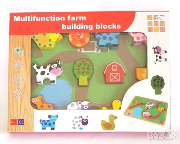 Комплект Наниз от дървени животни и коли в 2 модела с връв и постелка