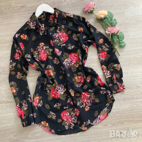 Разпродажба спешно Елегантна oversize риза H&M с принт цветя на черен фон XS/S/M