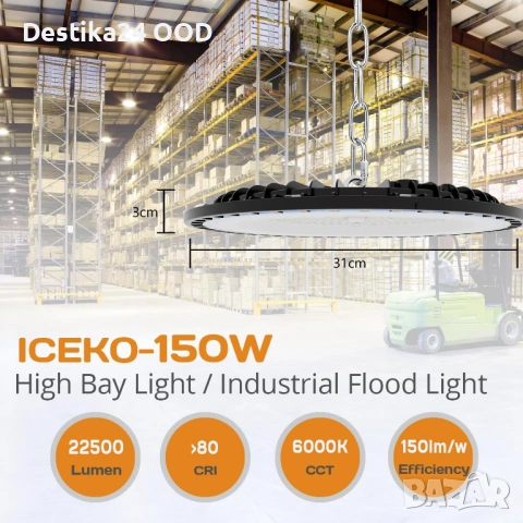 LED Индустриална Лампа 150W ICEKO – 22500 lm, IP65, 6000K, снимка 6 - Лед осветление - 53382842