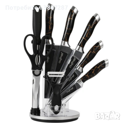 Комплект уреди за рязане Cheffinger – 9 части с мраморно покритие, стойка, точило и белачка, снимка 5 - Прибори за хранене, готвене и сервиране - 53449814