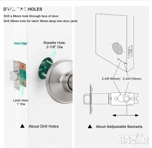 Probrico 3 комплекта дръжки за проходни врати, без ключ, цвят полиран никел, снимка 2 - Други стоки за дома - 49707851