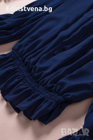 Дамска блуза в тъмносиньо с паднало ластично деколте, снимка 10 - Блузи с дълъг ръкав и пуловери - 43503332