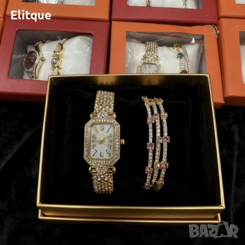 Луксозен дамски комплект: часовник и гривни в златист цвят, снимка 2 - Гривни - 52561508