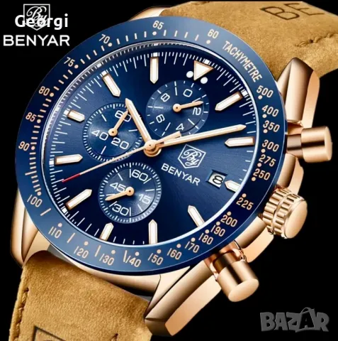 Луксозен Мъжки Кварцов часовник *BY*BENYAR BLUE* Плочка/Атлантик металик !!, снимка 2 - Мъжки - 49523521