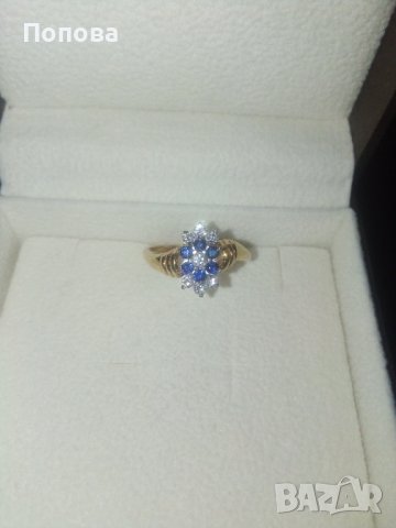 18k. златен пръстен с диаманти и сапфири, снимка 15 - Пръстени - 40624952