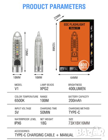 Джобно фенерче Boruit V1, снимка 15 - Екипировка - 43941949