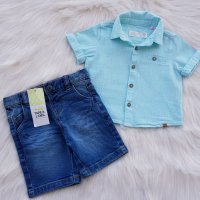Нови дънкови панталонки и риза Zara 3-6месеца, снимка 1 - Панталони и долнища за бебе - 33446003