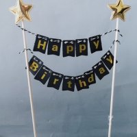 happy birthday на флагчета и звезди черно златист надпис топери декорация украса за торта , снимка 1 - Други - 28185107