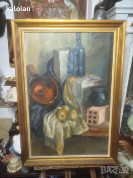 Голяма авторска испанска картина. Масло върху платно каширано на фазер. Подписана. Дървена стара рам, снимка 1