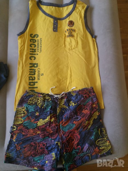 Мъжки летен комплект къси шарени панталони и жълта блуза без ръкав , снимка 1