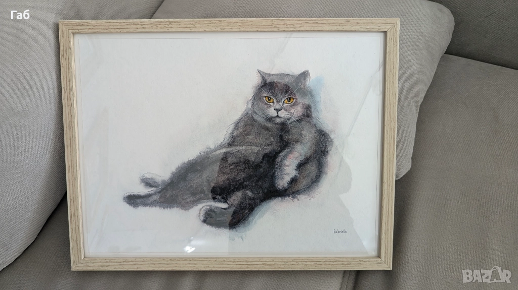 Невероятен Акварел, пухкава котка, изкуство, авторска картина, оригинал, коте, коледен подарък, снимка 1
