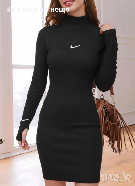 Nike Дамска Черна Рипсена Рокля С Дълъг Ръкав Найк Код I_122, снимка 1